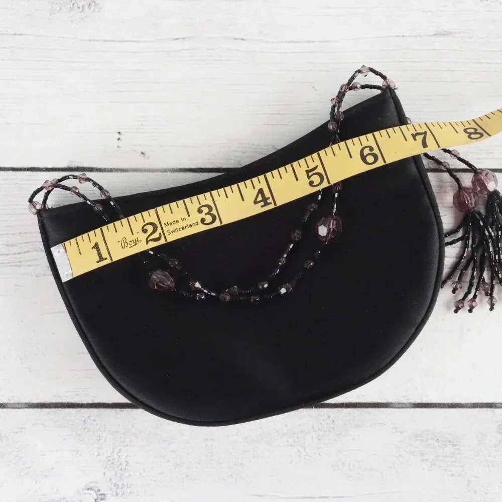La Regale Black Satin Mini Crossbody or Clutch Bag Beaded Tassels Button Closure